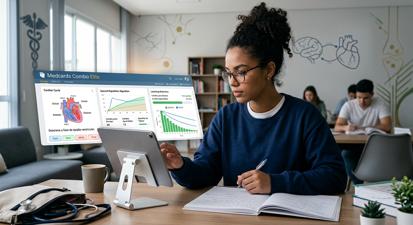 Estudante de medicina utilizando a plataforma Medcards Combo Elite em um tablet, com flashcards e gráficos de repetição espaçada para estudo eficiente.