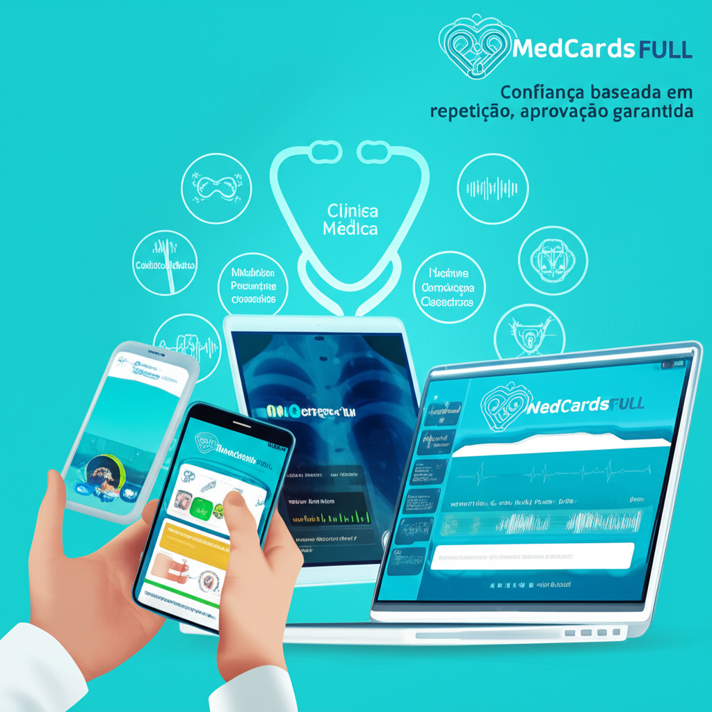 Ilustração de Medcards FULL Smart Flashcards sendo usado em smartphone, tablet e computador, exibindo flashcards médicos com imagens, mnemônicos e áudios de ausculta.