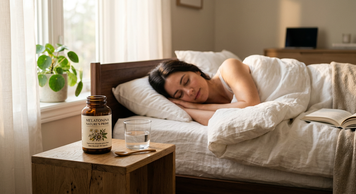 Frasco de Melatonina Nature's Prime em uma mesa de cabeceira ao lado de uma pessoa dormindo profundamente, com luz suave da manhã, simbolizando sono reparador e natural.