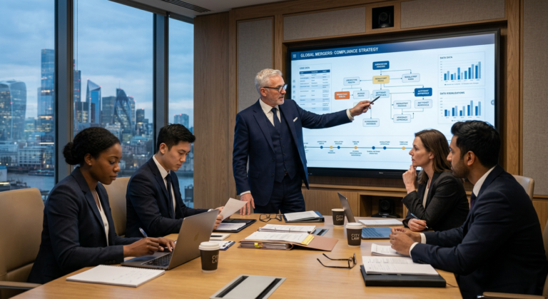Advogados em sessão de mentoria sobre grandes operações jurídicas com foco em estratégia e networking.