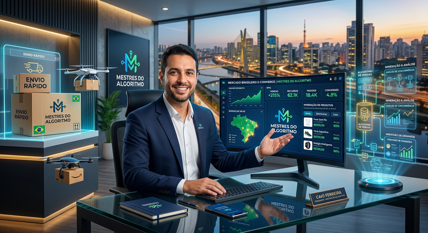 Caio Ferreira, criador de Mestres do Algoritmo, em um setup de e-commerce com gráficos de vendas e elementos de dropshipping nacional e mineração de tendências.