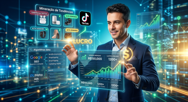 Caio Ferreira, mentor de e-commerce, analisando dados complexos e algoritmos para encontrar tendências lucrativas em dropshipping nacional com 'Mestres do Algoritmo'.