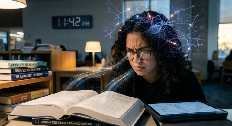Imagem de um estudante ou profissional focado lendo rapidamente, com efeitos visuais de velocidade e redes neurais que simbolizam alta compreensão e retenção. Representa o curso Metaleitura de Renato Alves.