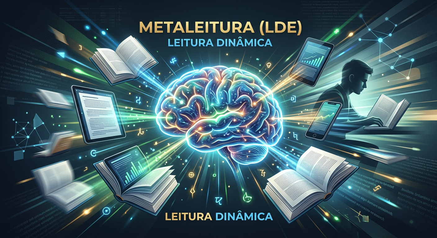 Ilustração do Curso Metaleitura (LDE) de Renato Alves, mostrando um cérebro, livros e dispositivos digitais com linhas de velocidade, simbolizando leitura dinâmica e compreensão.