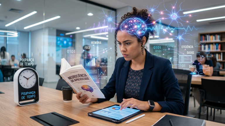 Pessoa lendo rapidamente com cérebro ativo, simbolizando a neuroaceleração e retenção de memória do Método Metaleitura de Renato Alves.