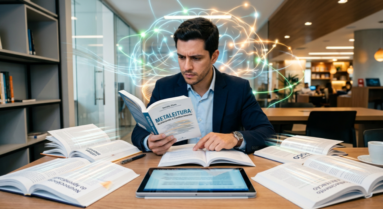 Pessoa concentrada lendo rapidamente em livros e telas digitais, com efeitos visuais de velocidade e ativação cerebral, representando o método Metaleitura de Renato Alves.