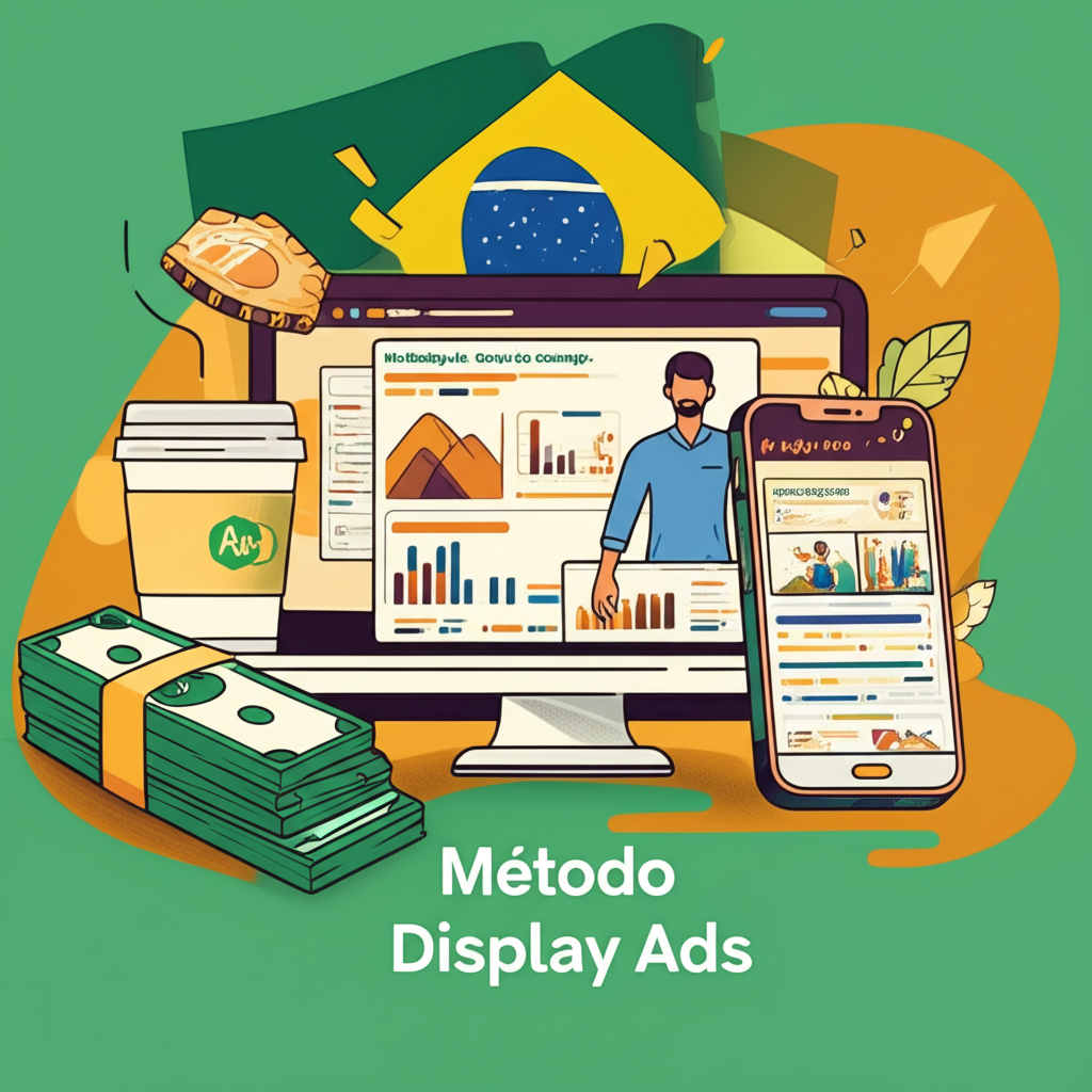 Ilustração de laptop com painel do Google Ads exibindo campanha de Display Ads bem‑sucedida, smartphone, dinheiro e ícones de anúncios.