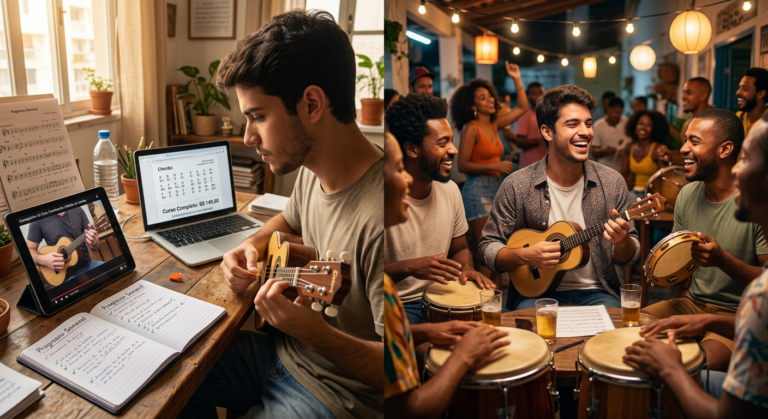Jovem aprendendo cavaquinho/banjo online e tocando em roda de samba, ilustrando o valor do investimento no Método Do Zero ao Pagode.