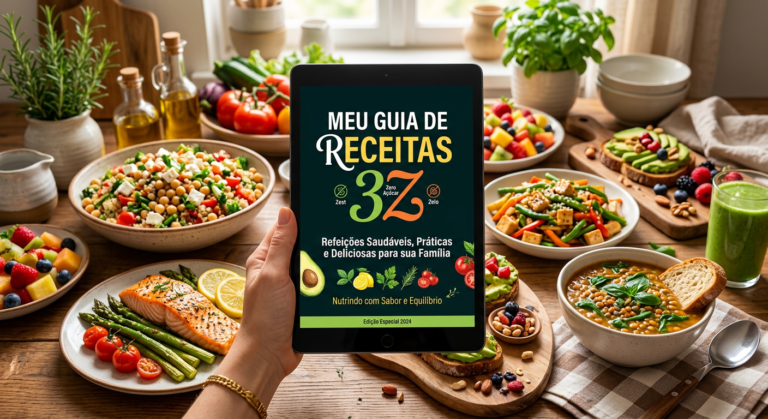 Capa do livro Meu Guia de Receitas 3Z com pratos sem açúcar, sem glúten e sem lactose