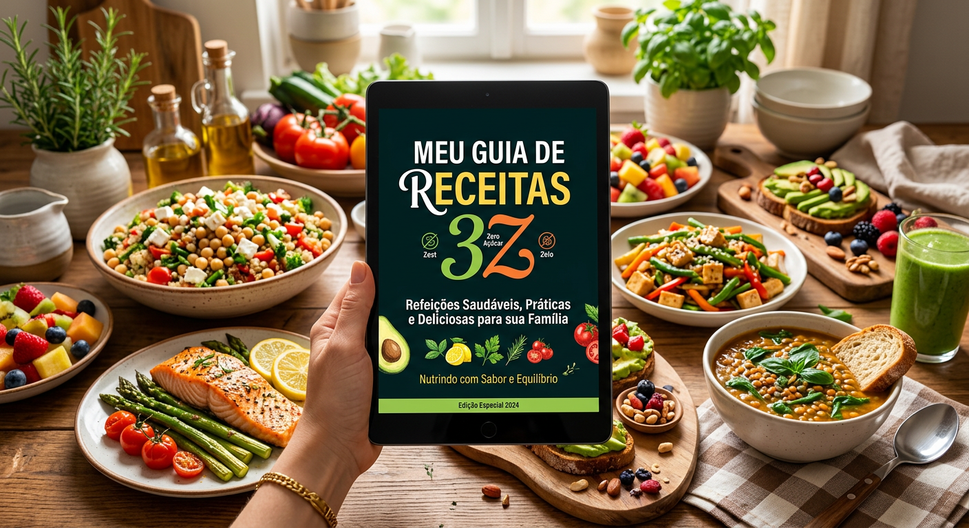Capa do livro Meu Guia de Receitas 3Z com pratos sem açúcar, sem glúten e sem lactose