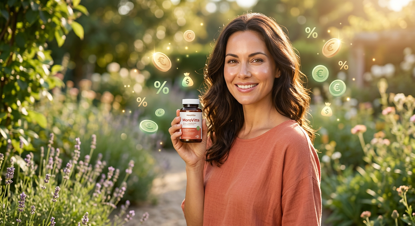 Mulher sorrindo, com corpo saudável e pele radiante, ao lado de um frasco de MoroVitta e elementos visuais de cashback, como moedas ou um símbolo de porcentagem.