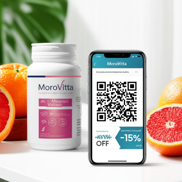 Garrafa do suplemento MoroVitta ao lado de um celular com QR code Pix e indicação de desconto extra, com laranjas Moro ao fundo.