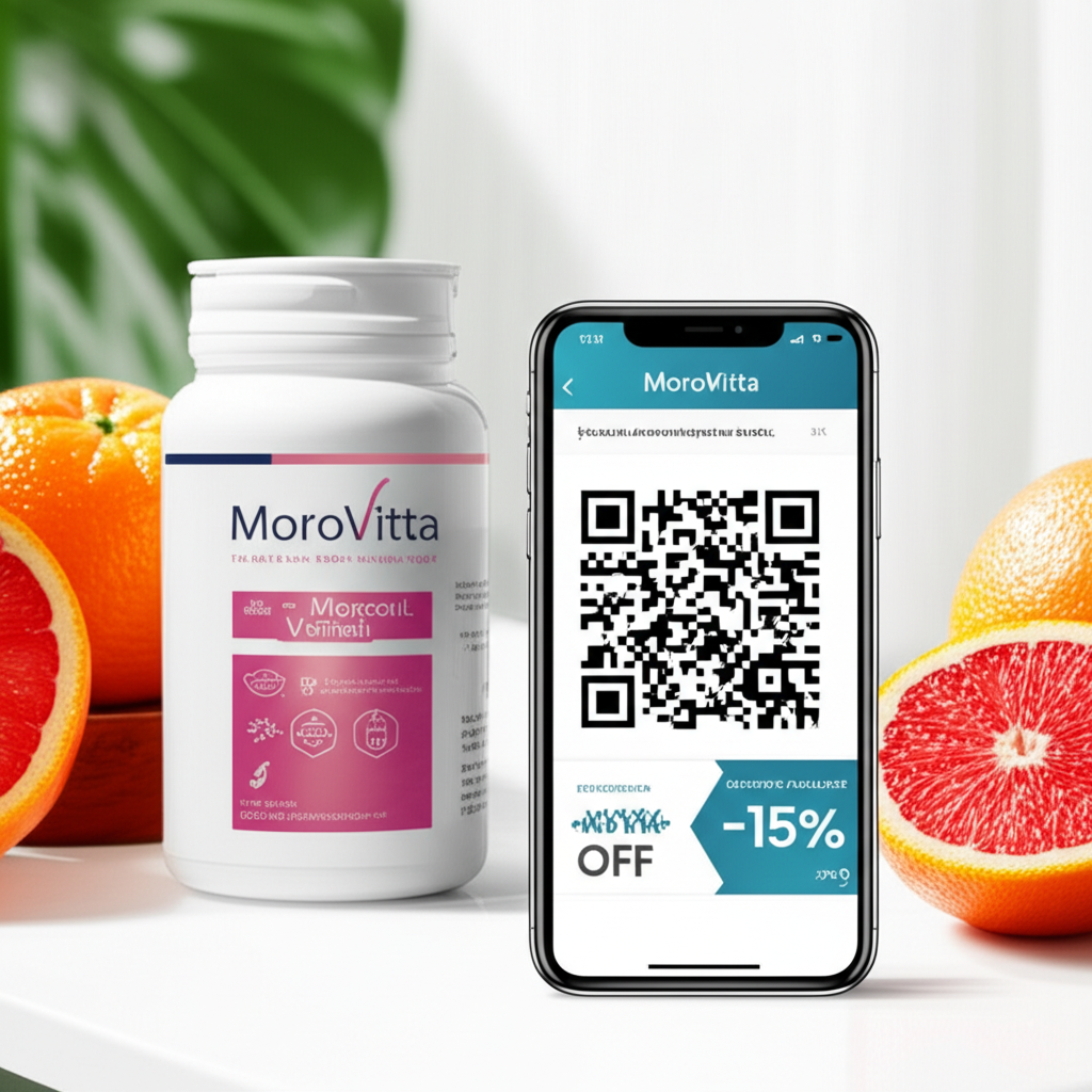 Garrafa do suplemento MoroVitta ao lado de um celular com QR code Pix e indicação de desconto extra, com laranjas Moro ao fundo.