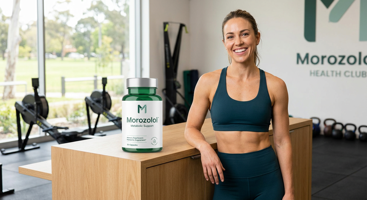 Frasco do suplemento Morozolol com design moderno ao lado de uma pessoa sorrindo com corpo tonificado e definido, simbolizando emagrecimento e saúde.