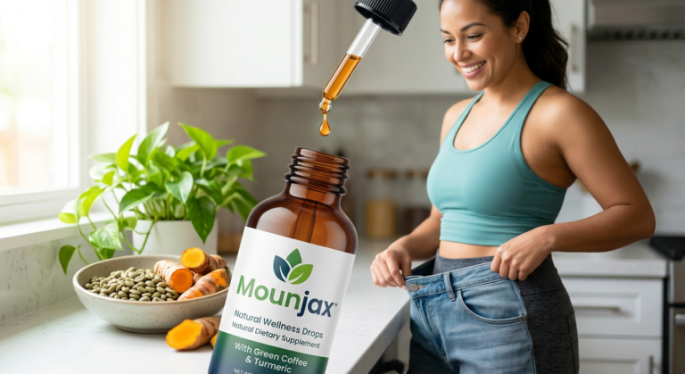 Mulher confiante e sorridente, exibindo silhueta saudável, com um frasco de Mounjax em primeiro plano e gotas caindo, simbolizando emagrecimento natural e bem-estar.