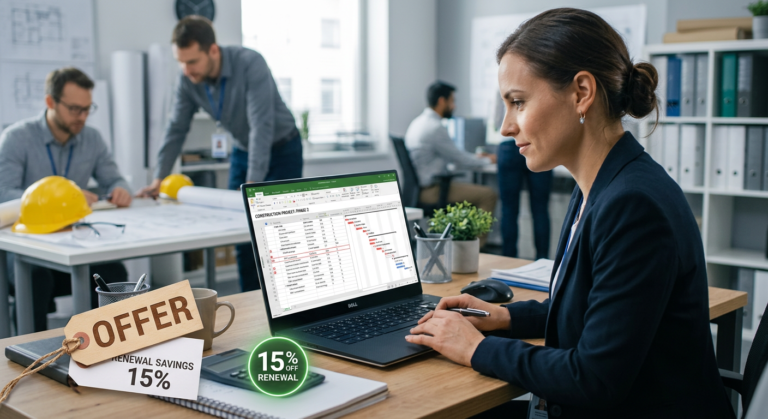 Profissional de engenharia ou gestão de projetos usando MS Project em laptop, com ícone de cupom de desconto, representando economia na renovação do curso ou software.