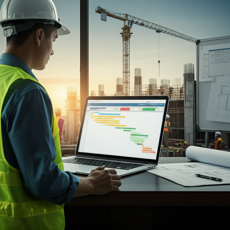 Engenheiro civil usando MS Project em canteiro de obras, com gráfico Gantt e maquinário de construção ao fundo.