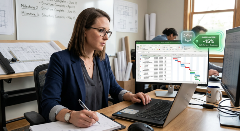 Profissional analisando um cronograma no MS Project em um laptop, com um ícone de cupom de desconto ou e-mail na tela.