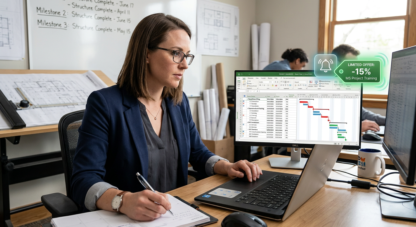Profissional analisando um cronograma no MS Project em um laptop, com um ícone de cupom de desconto ou e-mail na tela.
