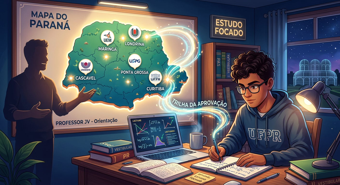 Estudante focado em cursinho Extensivo 2026 do Professor JV, com mapa do Paraná e universidades destacadas, simbolizando a trilha da aprovação.