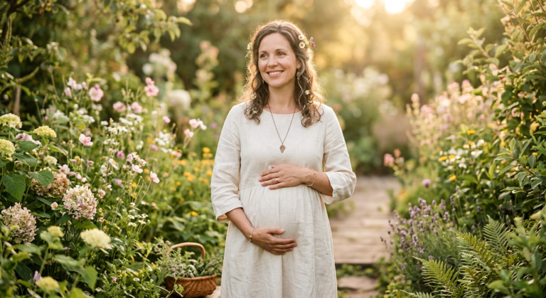 Mulher sorridente e esperançosa tocando a barriga em um ambiente natural, simbolizando a fertilidade e o sonho de engravidar.