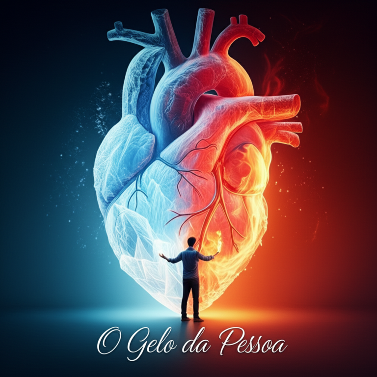 Illustration of a heart split between ice and fire, with a person reaching toward the icy side while holding a glowing ember, representing reconquering a cold lover.