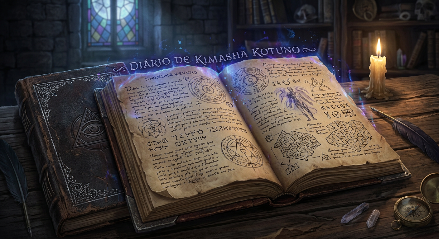 Diário de Kimasha Kotuno, um livro antigo de capa de couro aberto, mostrando páginas com escrita enigmática, símbolos ocultos e diagramas complexos. A imagem evoca mistério, conhecimento profundo e desafios intelectuais.