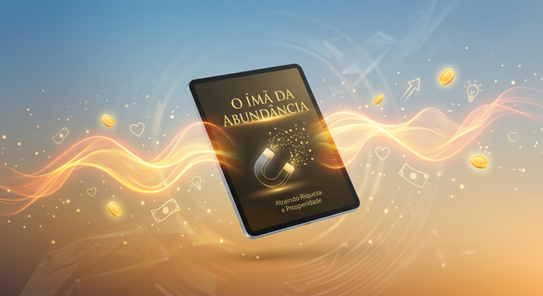 Capa do e-book 'O Imã da Abundância' em um tablet, com energia dourada atraindo símbolos de dinheiro, prosperidade e sucesso.
