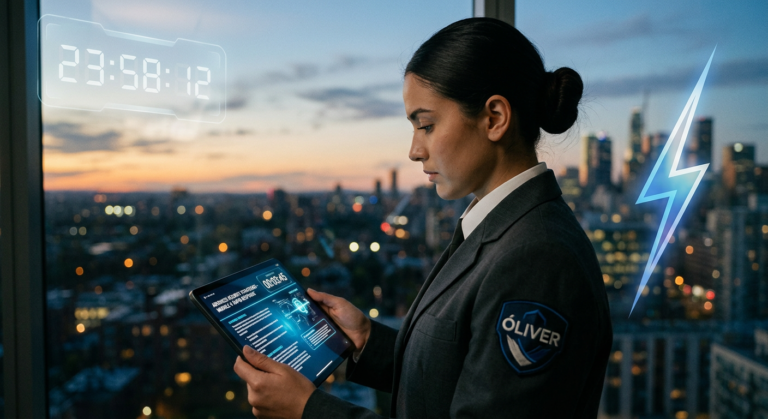 Homem em uniforme de segurança estudando rapidamente em tablet, com relógio em contagem regressiva e raio em fundo urbano, simbolizando a oferta relâmpago do curso Gestão em Segurança Óliver para concursos.