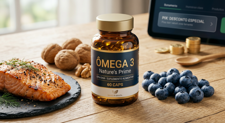 Frasco de Ômega 3 Nature's Prime com salmão, nozes e frutas, simbolizando saúde e a promoção de desconto no Pix.