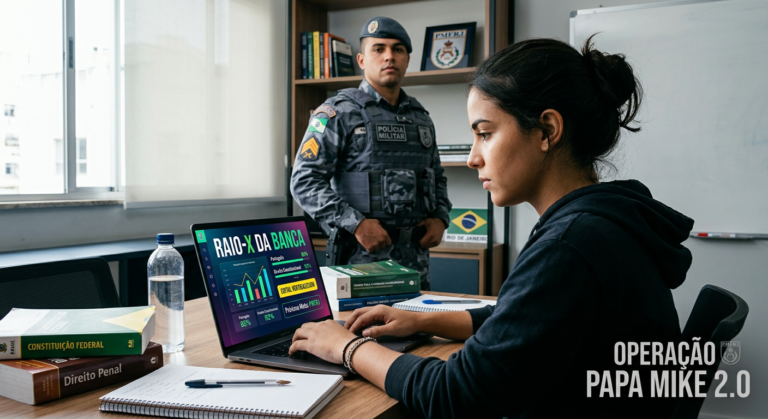 Estudante focado em curso Operação Papa Mike 2.0 para Soldado PMERJ, com policial militar ao fundo.