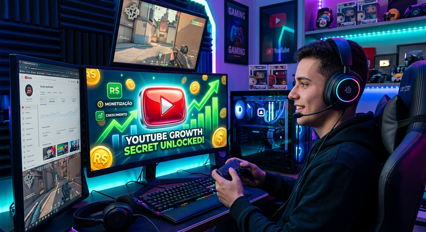 Gamer focado em setup de múltiplos monitores com logo do YouTube e gráficos de sucesso, simbolizando a monetização e crescimento de um canal gamer. Imagem para o curso 'Viver de YouTube Como Gamer'.