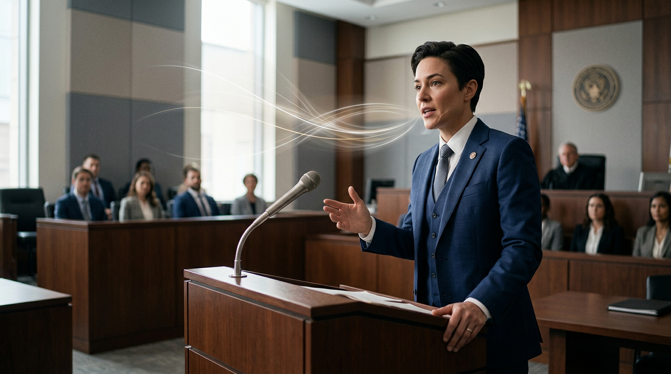 Advogado(a) confiante fazendo uma sustentação oral em um tribunal moderno, simbolizando oratória jurídica poderosa e persuasão.