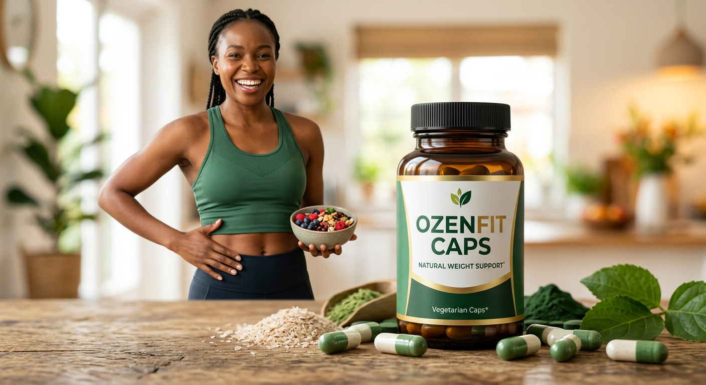 Frasco de Ozenfit Caps com cápsulas e pessoa emagrecida e feliz, simbolizando emagrecimento natural e sem agulhas.