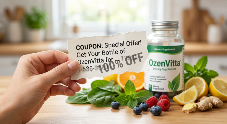 Mão segurando cupom questionável com '100% OFF' e frasco de OzenVitta com ingredientes naturais desfocados, ilustrando a verdade sobre descontos e ofertas.