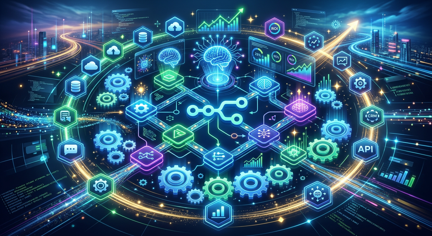 Fluxo de trabalho de automação n8n se conectando a elementos de inteligência artificial, com engrenagens digitais e fluxos de dados, simbolizando inovação e alto potencial de retorno.