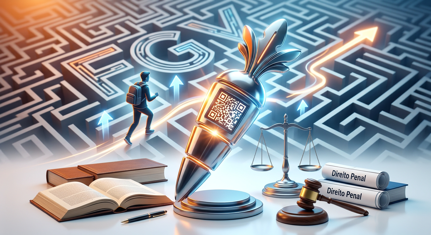 Logo estilizado da Plataforma Cenoura 2.0 com QR Code, livros de Direito Penal e símbolos da FGV. Concurseiro estudando com tecnologia.