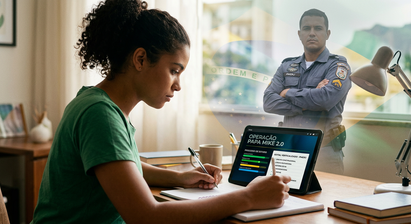 Candidato estudando com o curso PMERJ Operação Papa Mike 2.0 em tablet, visando a aprovação como Soldado da PMERJ.