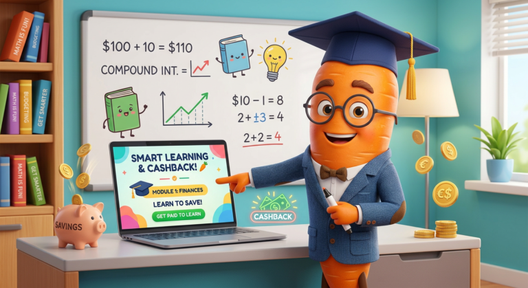 Professor Cenoura, um personagem de cenoura animado e amigável, com capelo e óculos, apontando para um notebook com conteúdo educacional. Símbolos de cashback e moedas flutuam ao redor, ilustrando a possibilidade de dinheiro de volta em uma plataforma de ensino.