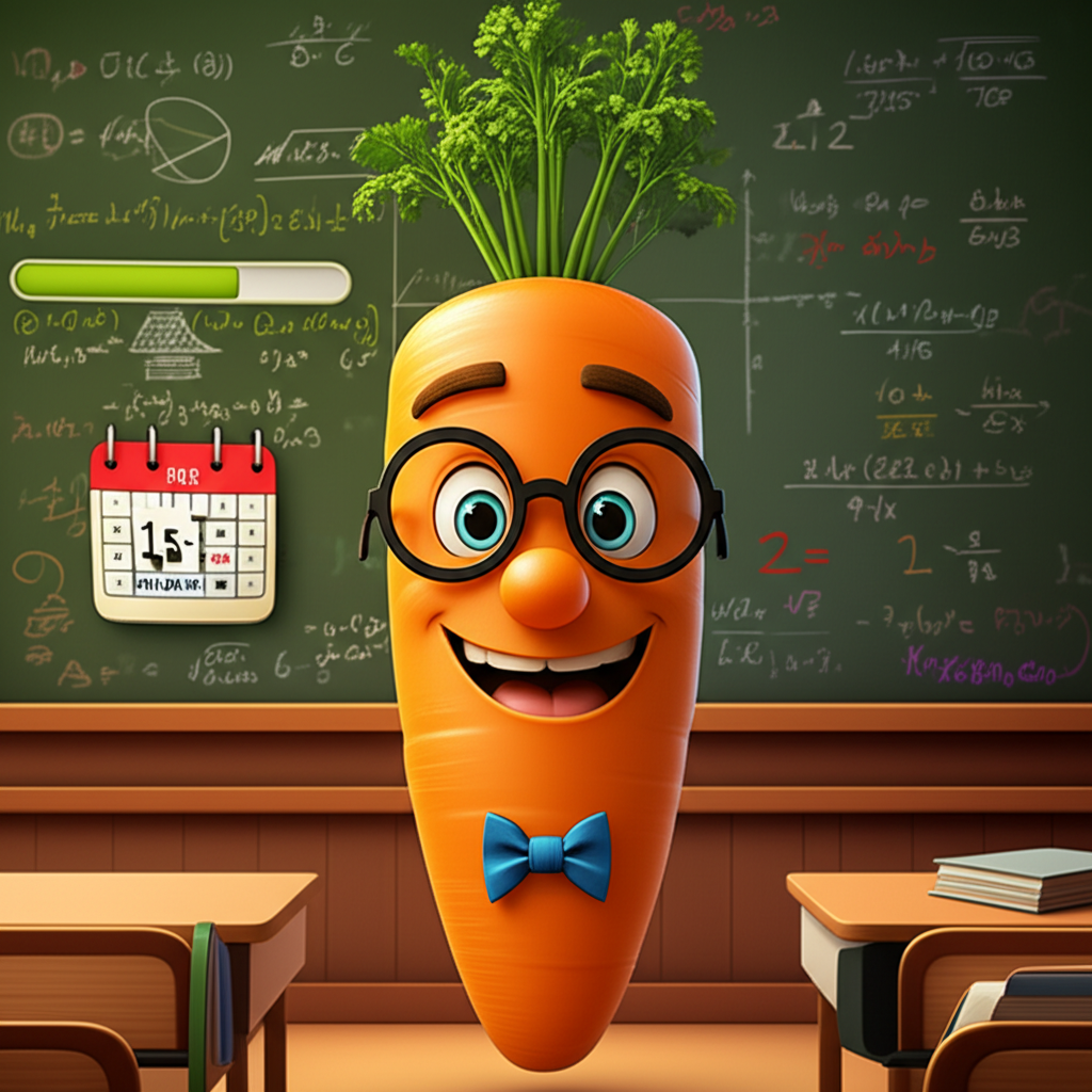 Professor Cenoura, o mascote de ensino, explicando matemática e português em um quadro, com um calendário de 15 dias ao fundo.