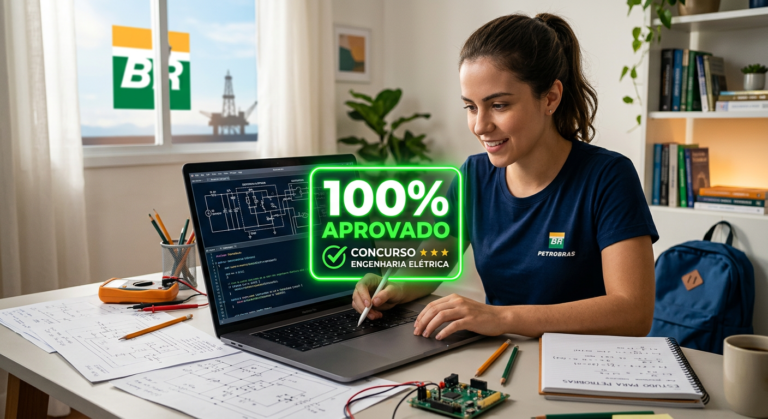 Engenheiro(a) elétrico(a) ou eletrônico(a) estudando em laptop com o selo '100% APROVADO' na tela, simbolizando sucesso no concurso Petrobras. Imagem de foco e preparação online para concursos.