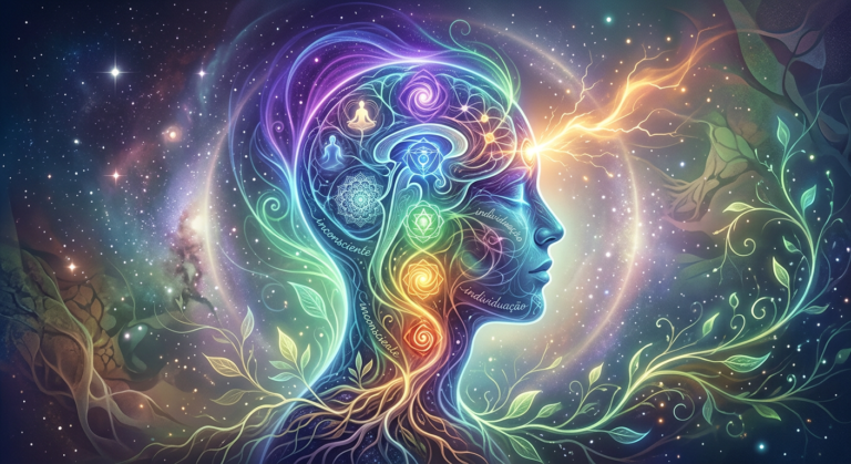 Ilustração de Psicanálise Holística Clínica com elementos de mente, espírito e energia, simbolizando uma formação completa e uma oferta relâmpago.