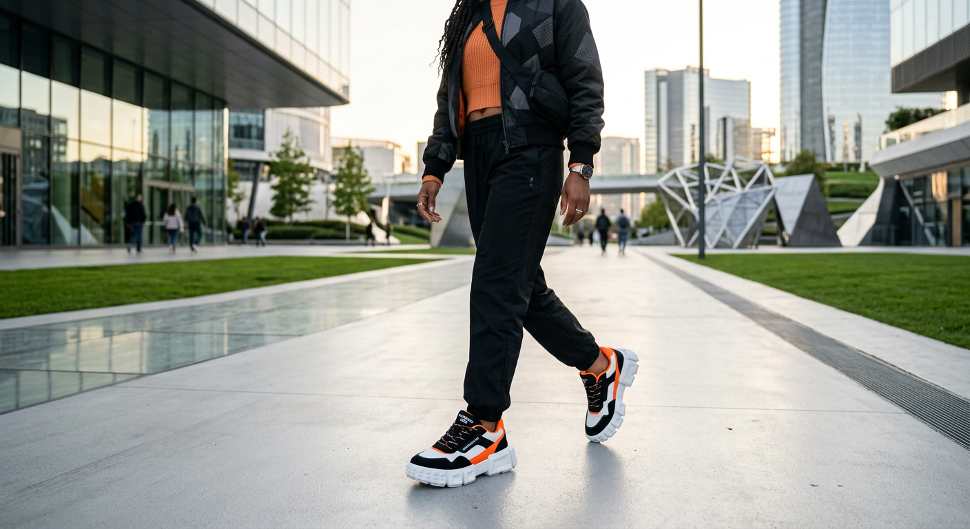 Pessoa utilizando calçados Quadradox de design quadrado em ambiente urbano, com foco no conforto e estilo inovador.