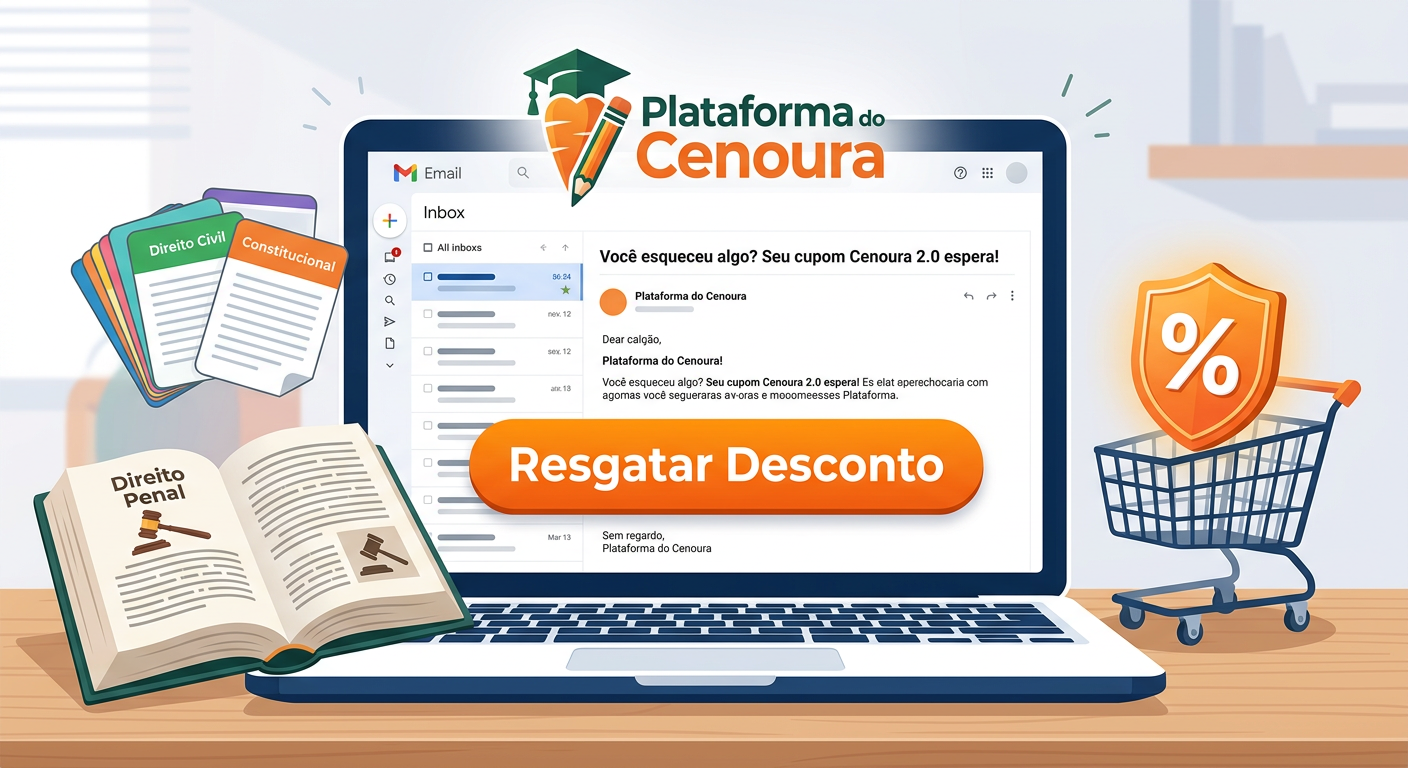 Imagem de tela de laptop com e-mail de cupom de desconto da Plataforma do Cenoura 2.0 por abandono de carrinho, com elementos de estudo jurídico e logo Cenoura.