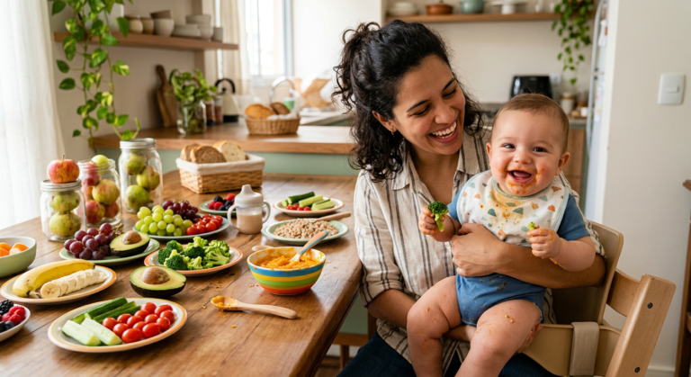 Mãe e bebê felizes com alimentos saudáveis
