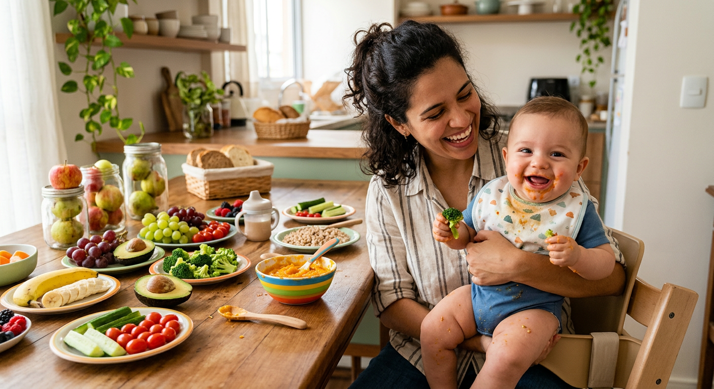 Mãe e bebê felizes com alimentos saudáveis