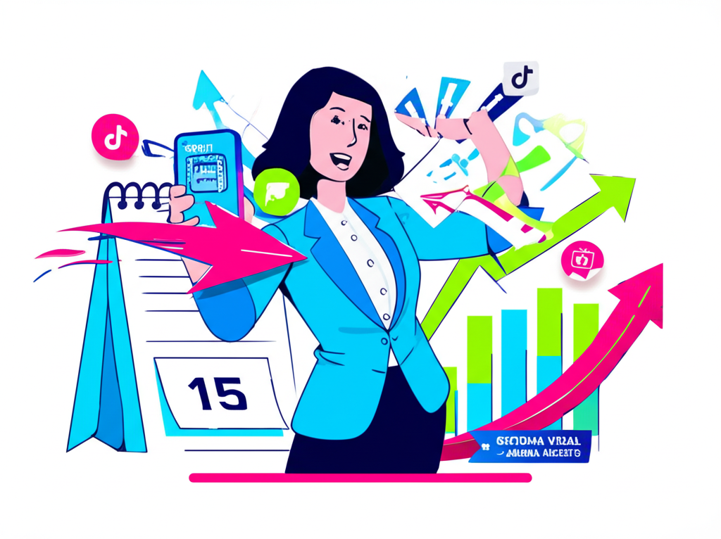 Ilustração de empreendedora celebrando R$ 997 obtidos em 15 dias usando o Sistema Viral de Andréa Mazeto, com ícones de Instagram, TikTok, calendário de 15 dias e gráfico de crescimento.