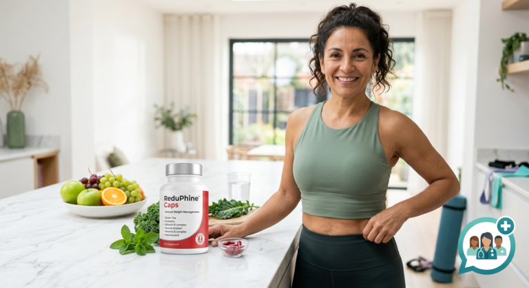 Frasco e cápsulas de ReduPhine Caps em destaque, com pessoa confiante e em forma ao fundo, simbolizando emagrecimento saudável e energia. Foco em produto natural e resultados.