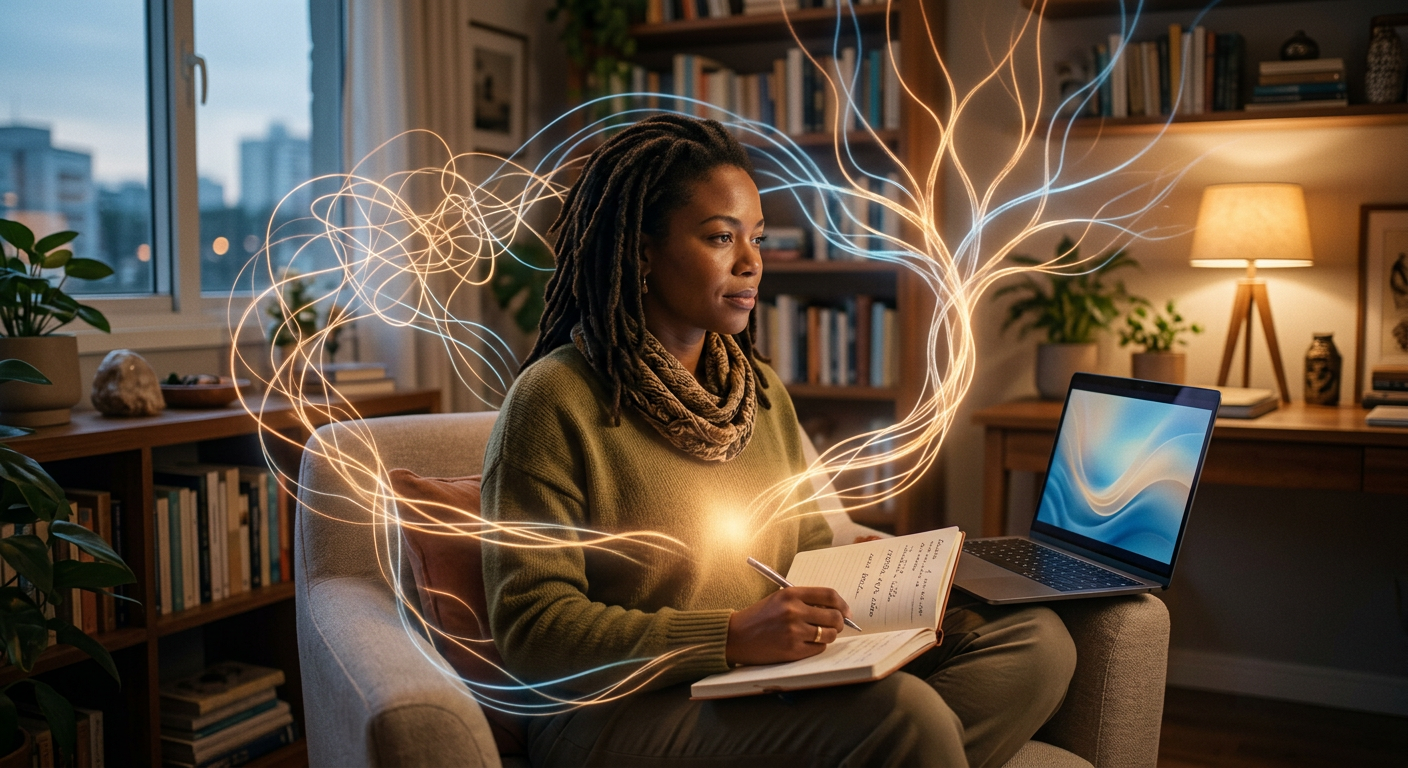 Uma pessoa de expressão serena e pensativa, com um diário e caneta, ou olhando para uma tela de computador. Ao redor dela, linhas brilhantes e padrões entrelaçados simbolizam a reprogramação de neurônios e a reestruturação do apego. A cena evoca introspecção, cura e transformação emocional, representando o 'Desafio 21 Dias: Reprogramação de Apego' do Psicólogo Mateus José.
