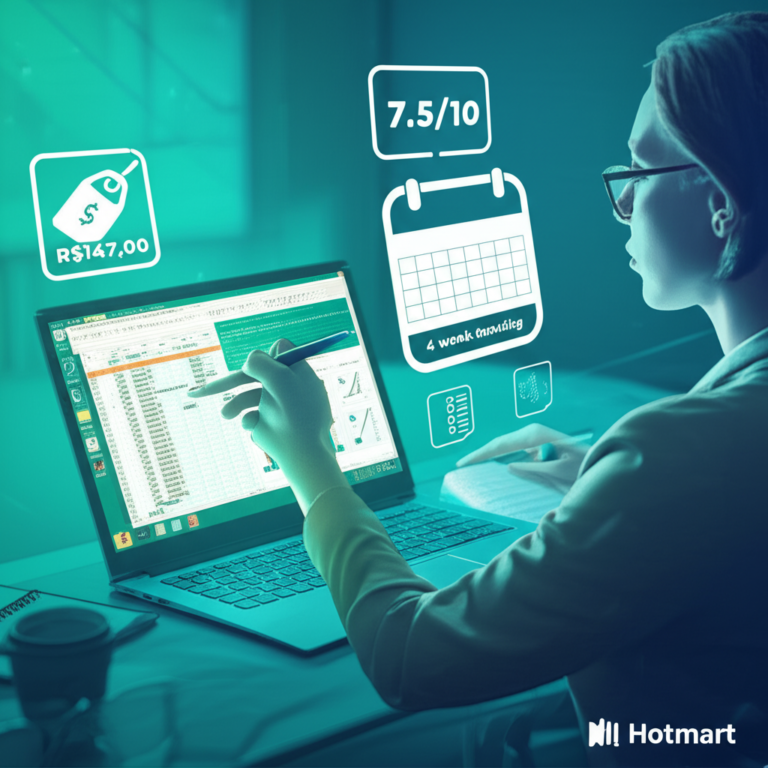 Laptop showing Excel spreadsheet and Power BI dashboard, with a professional pointing at the screens, price tag, rating badge, and timeline icons.